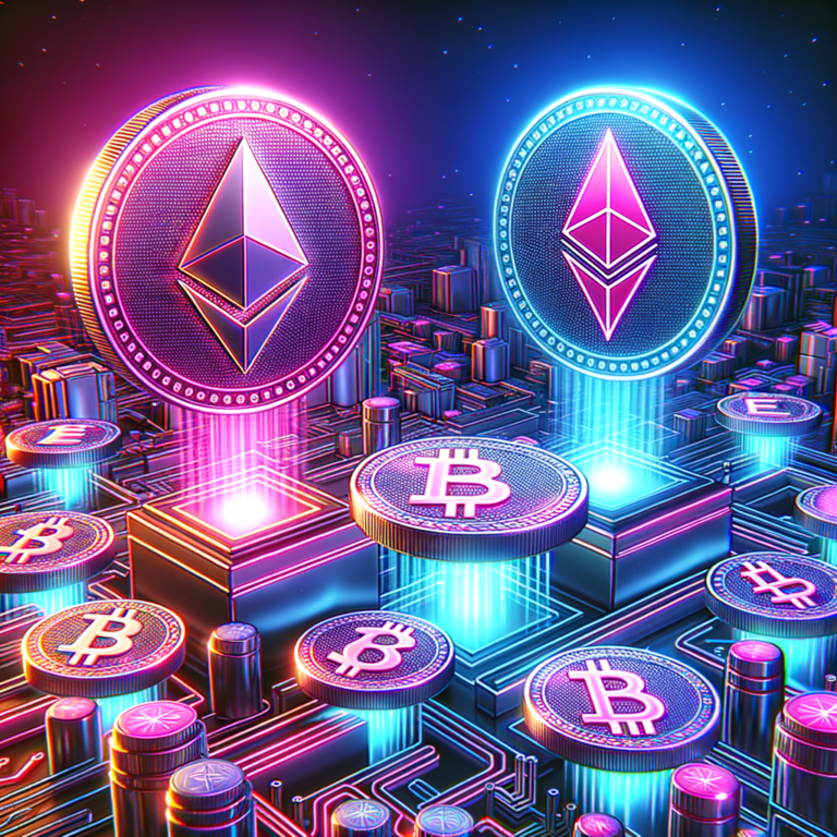 featured image. crypto tech altcoins eth solona. neon pink blue.